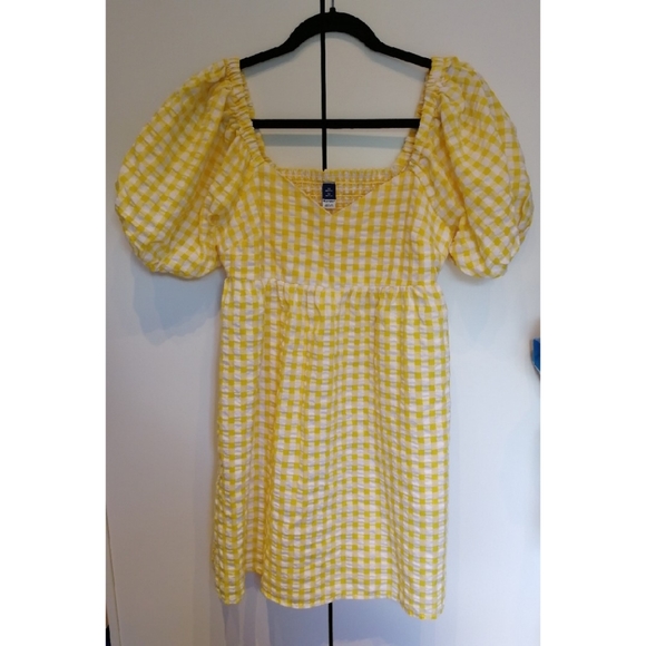 OLD NAVY Puff Sleeve Yellow Gingham Seersucker Mini Dress Fit & Flare XS Petite - Picture 2 of 7